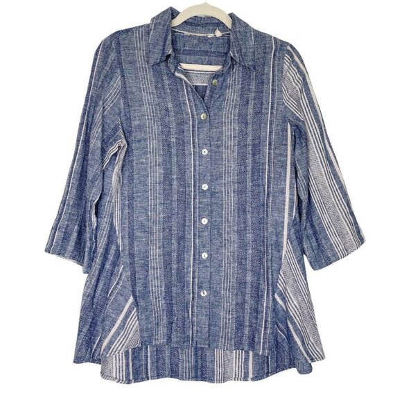 Soft Surroundings Linen Tunic Top Womens Size Small Blue Stripe Button Down - Picture 1 of 8